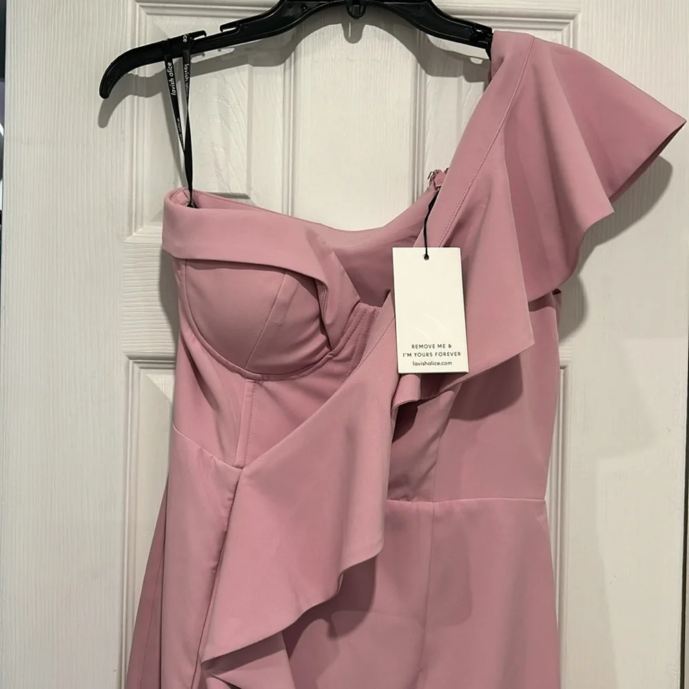 NWT Lavish Alice Pink Asymmetrical Ruffled Sheath Dress - Picture 2 of 5